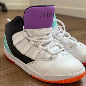 Jordan Kids White, Black & Purple Sneakers with Orange Sole